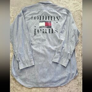 Vintage 90s Tommy Hilfiger Denim Big Logo Flag Long Sleeve Button Shirt Men’s S